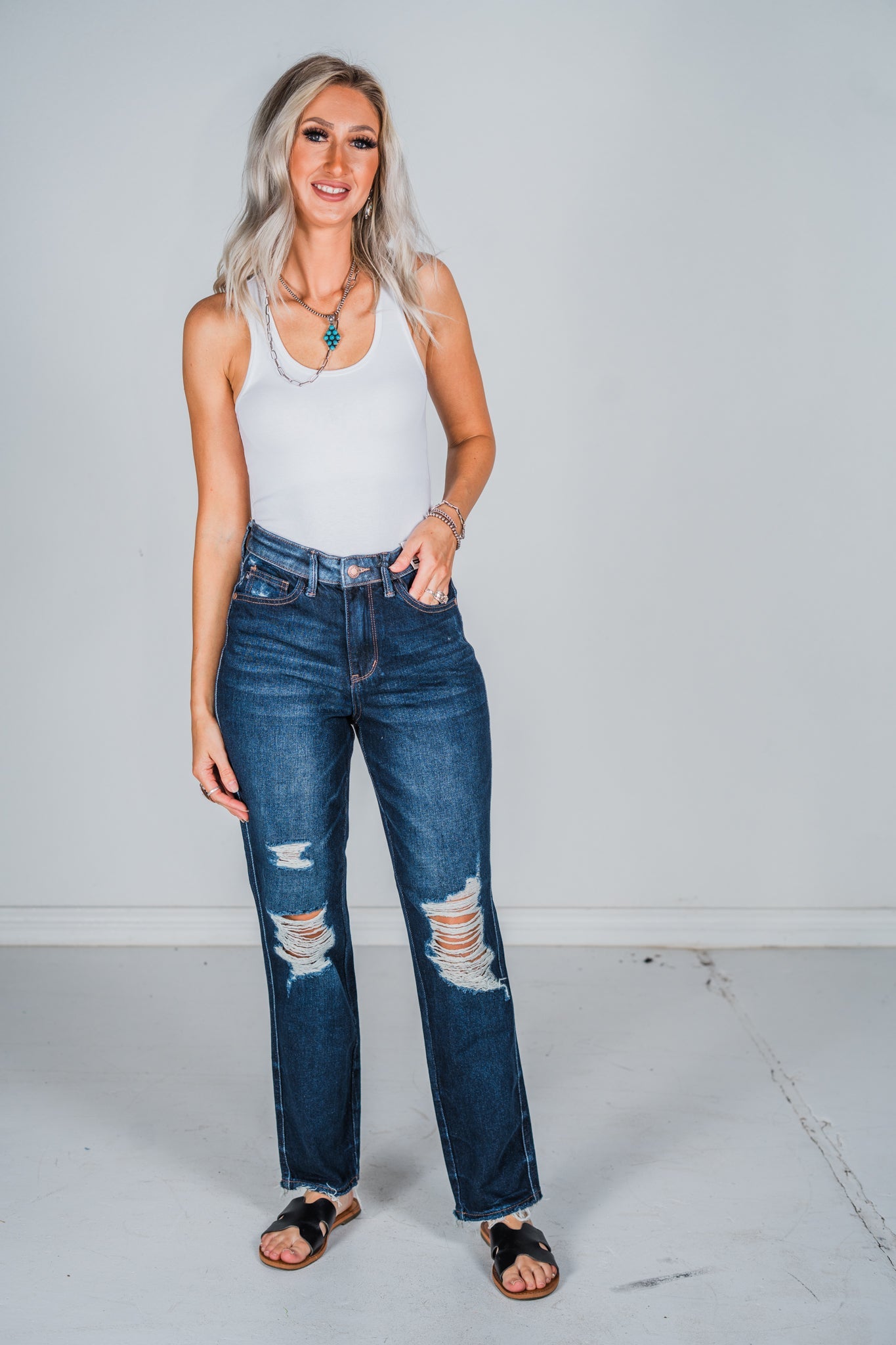 Judy Blue High Waist Rigid Magic Heavy Destroy Straight Jeans - Whiskey Skies - JUDY BLUE