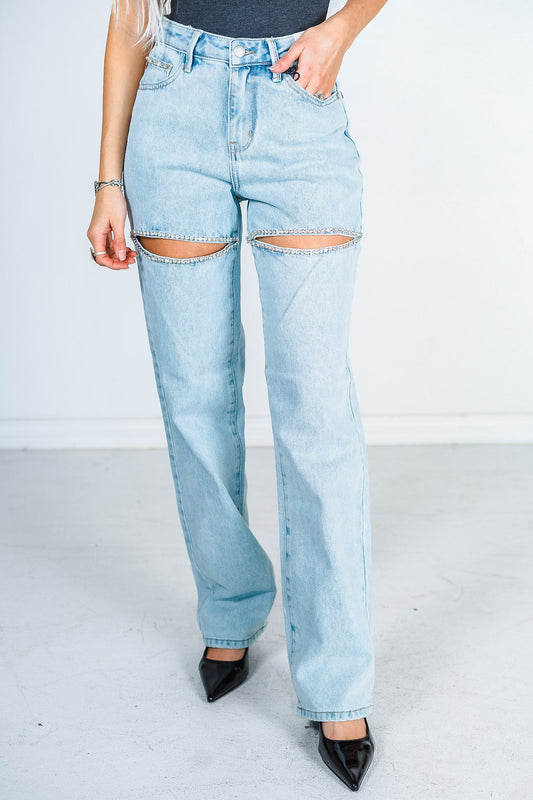 Judy Blue High Waist Rigid Magic Rhinestone Slit Detail Straight Jeans - Whiskey Skies - JUDY BLUE