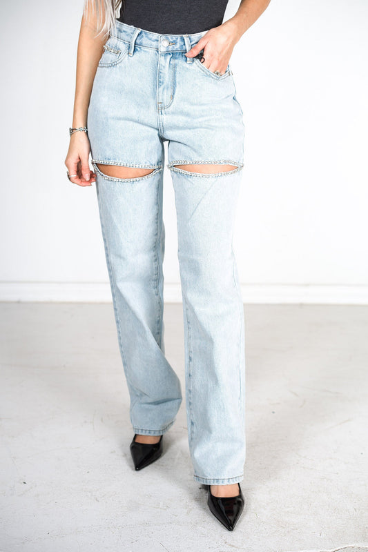 Judy Blue High Waist Rigid Magic Rhinestone Slit Detail Straight Jeans - Whiskey Skies - JUDY BLUE