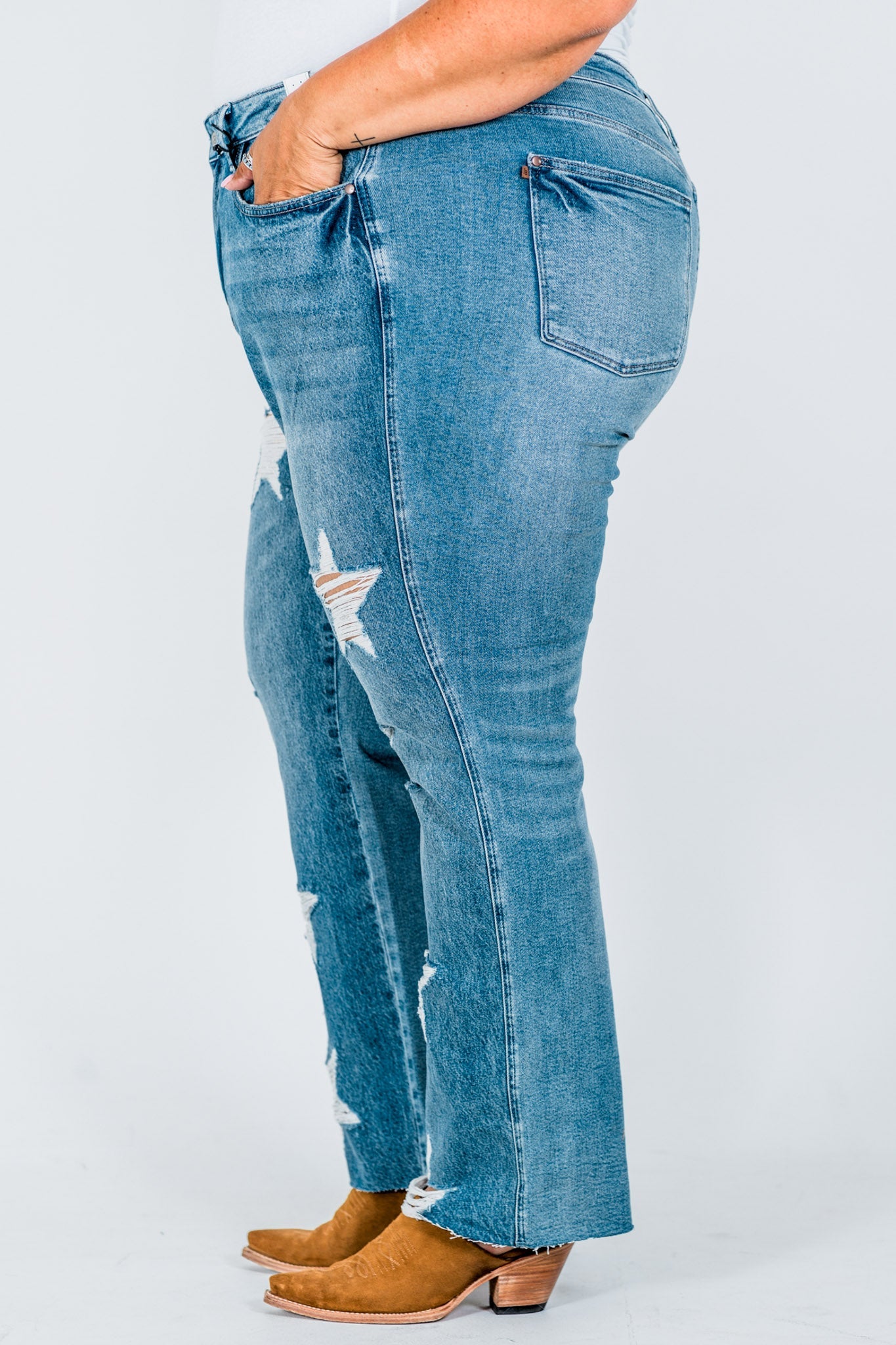 Judy Blue High - Waist Rigid Magic Star Distressed 90's Straight Jeans - Whiskey Skies - JUDY BLUE