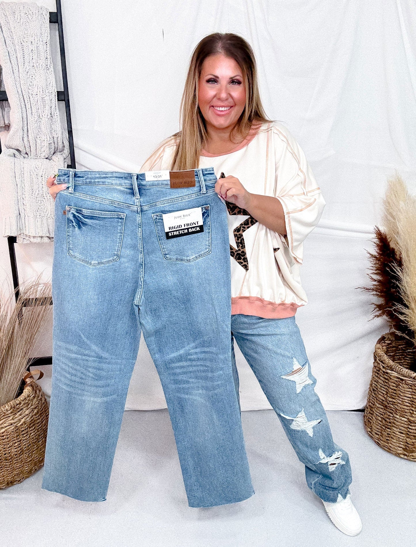 Judy Blue High - Waist Rigid Magic Star Distressed 90's Straight Jeans - Whiskey Skies - JUDY BLUE