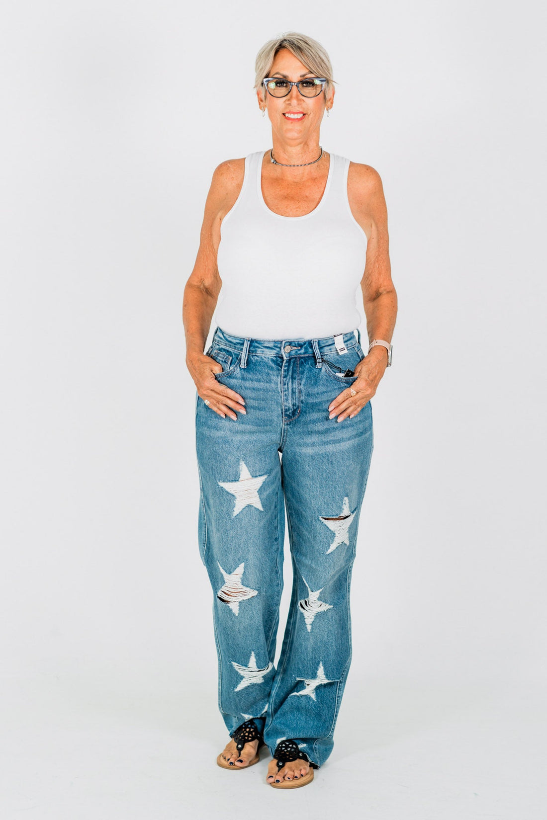 Judy Blue High - Waist Rigid Magic Star Distressed 90's Straight Jeans - Whiskey Skies - JUDY BLUE