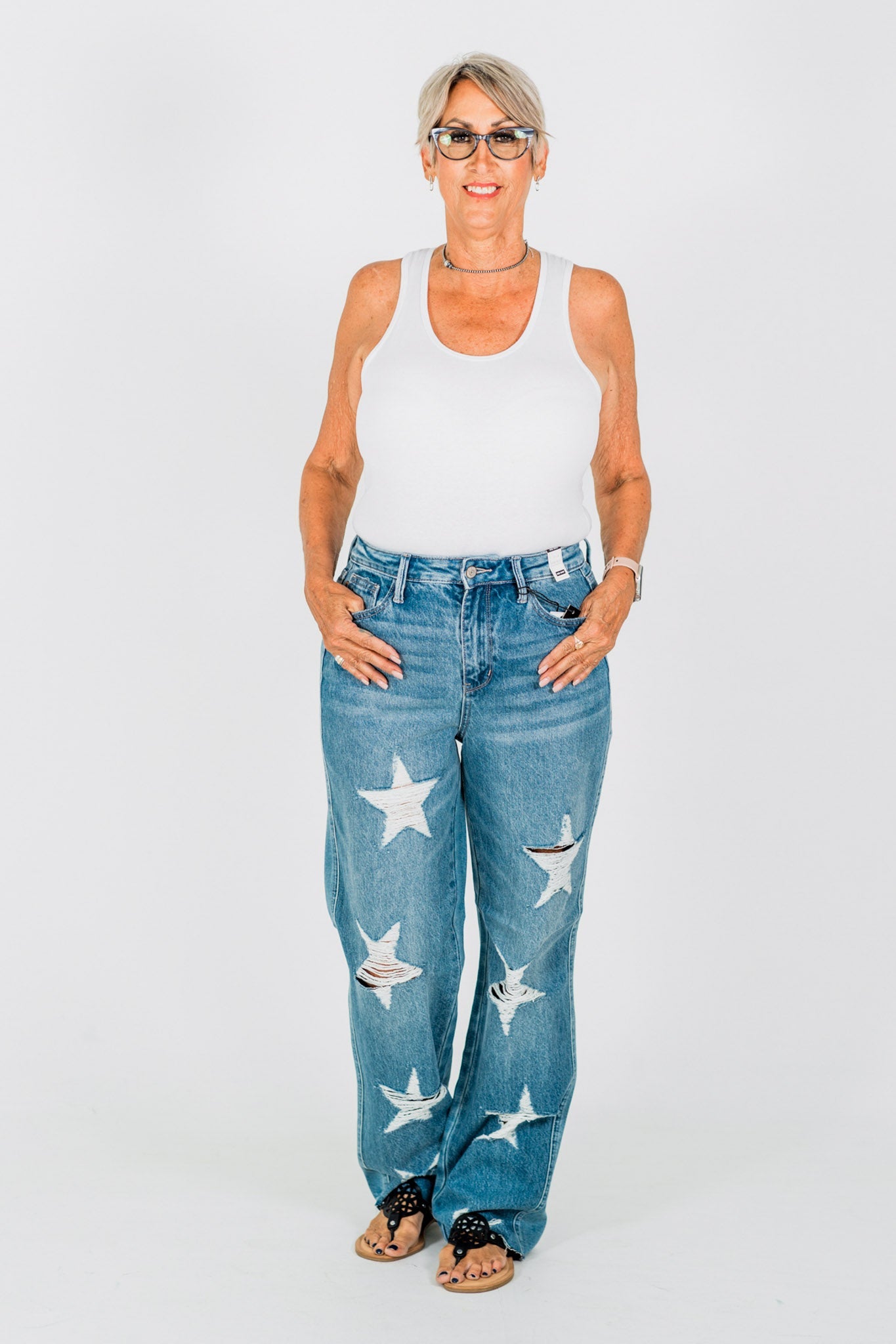 Judy Blue High - Waist Rigid Magic Star Distressed 90's Straight Jeans - Whiskey Skies - JUDY BLUE