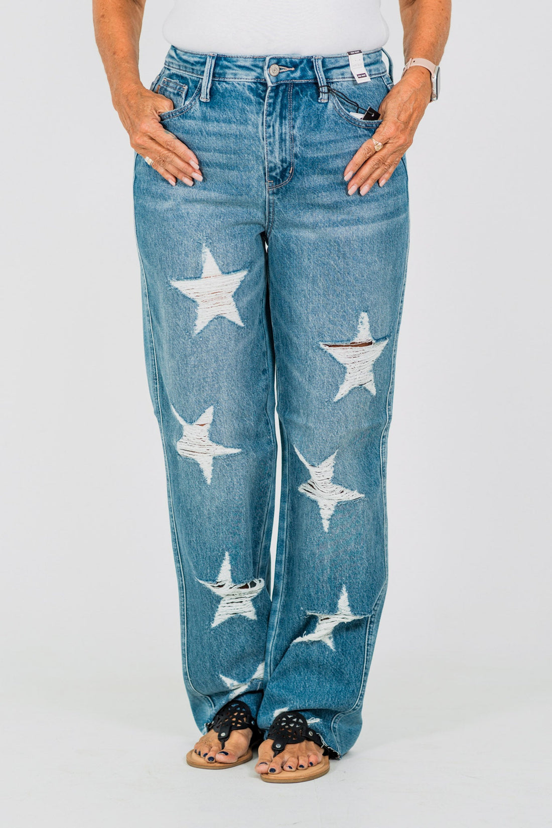 Judy Blue High - Waist Rigid Magic Star Distressed 90's Straight Jeans - Whiskey Skies - JUDY BLUE
