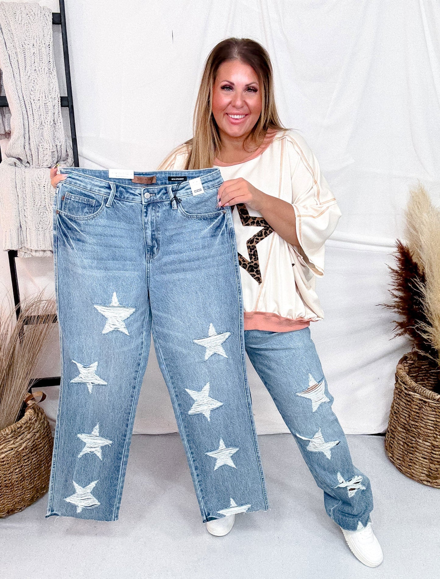 Judy Blue High - Waist Rigid Magic Star Distressed 90's Straight Jeans - Whiskey Skies - JUDY BLUE