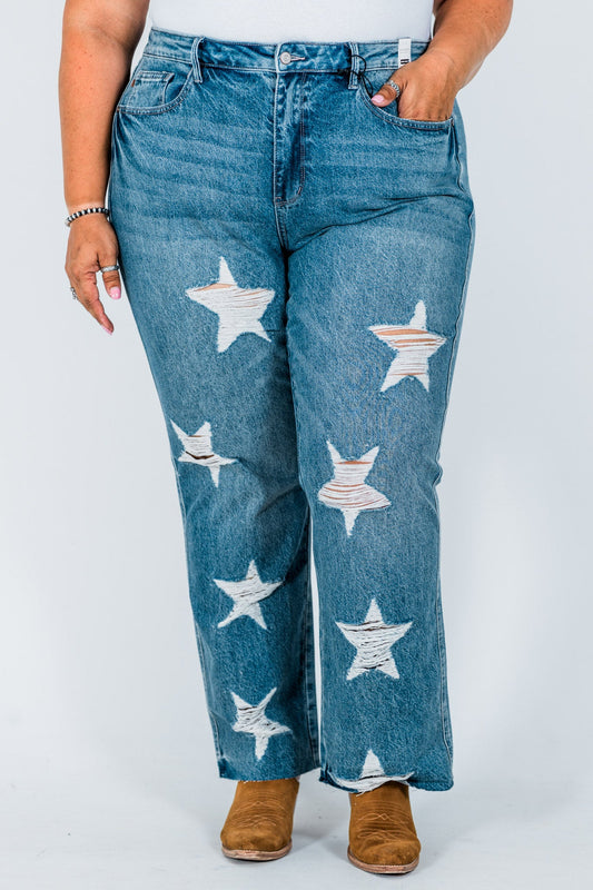 Judy Blue High - Waist Rigid Magic Star Distressed 90's Straight Jeans - Whiskey Skies - JUDY BLUE