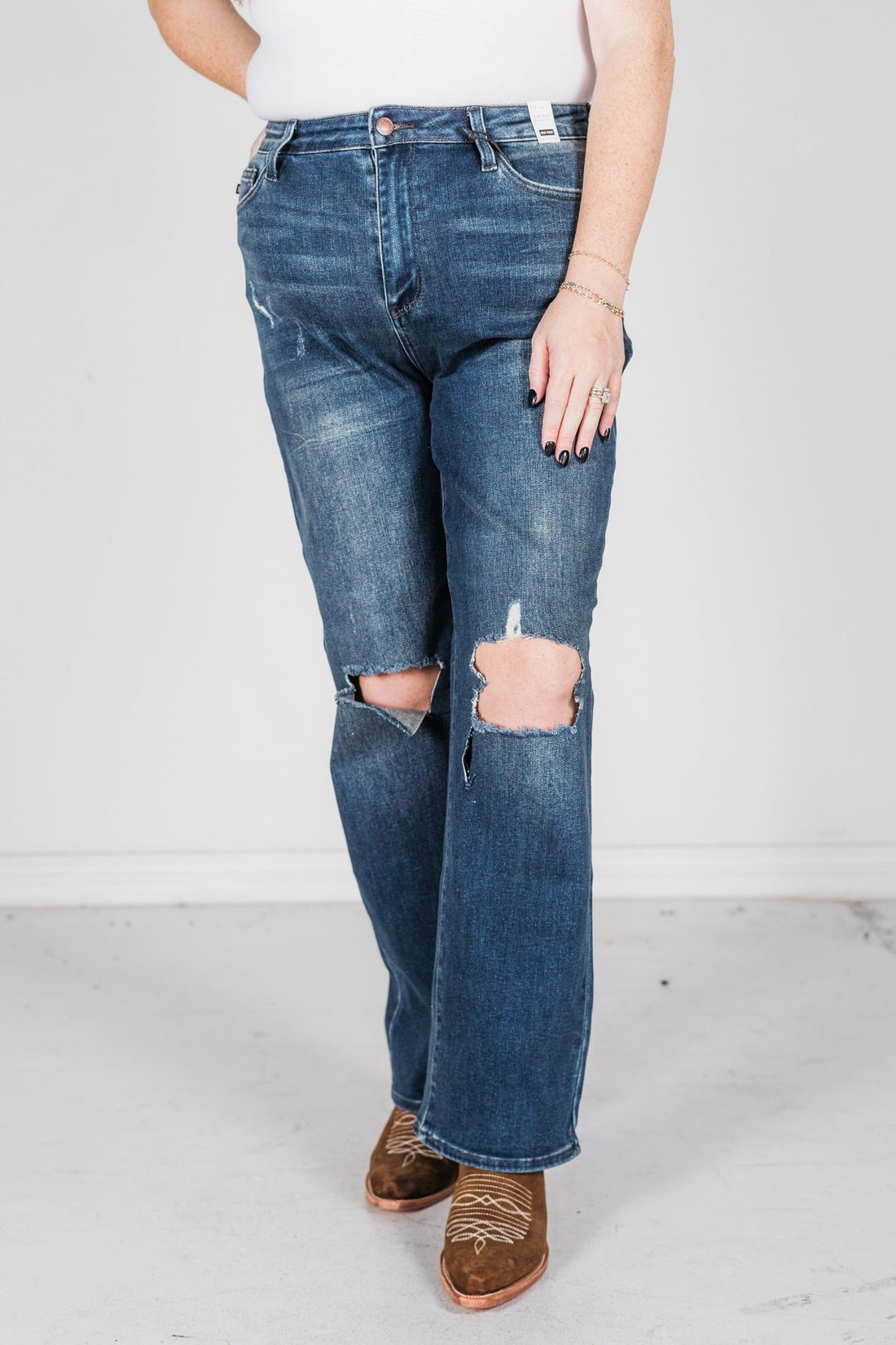 Judy Blue High Waist Ripped Knee Dad Jeans - Whiskey Skies - JUDY BLUE