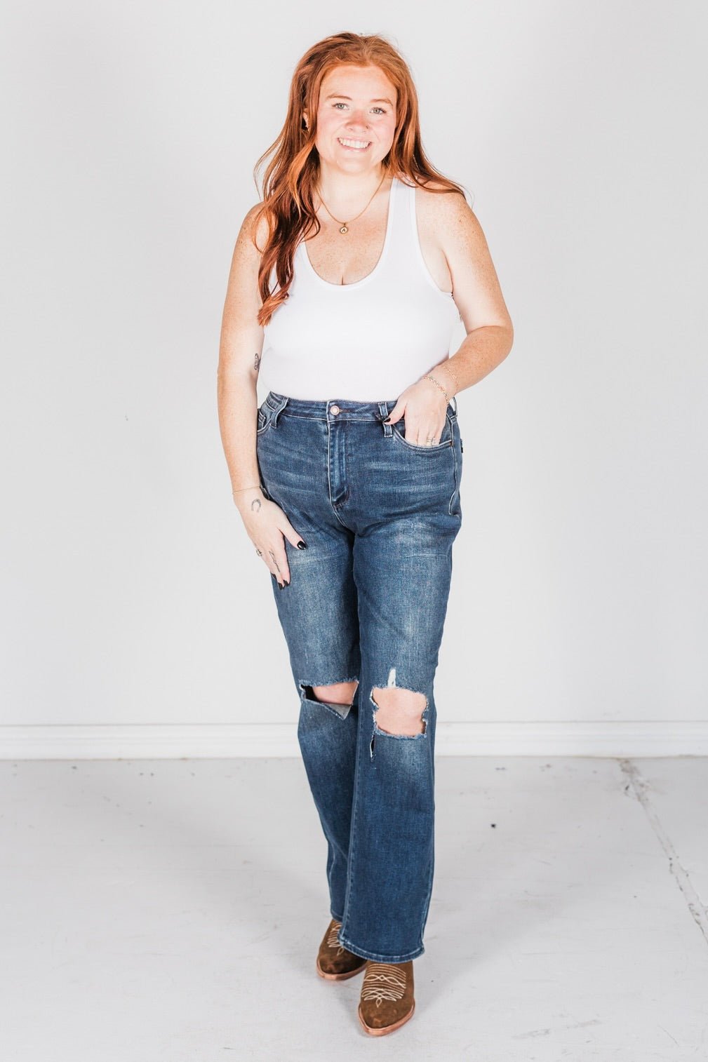 Judy Blue High Waist Ripped Knee Dad Jeans - Whiskey Skies - JUDY BLUE