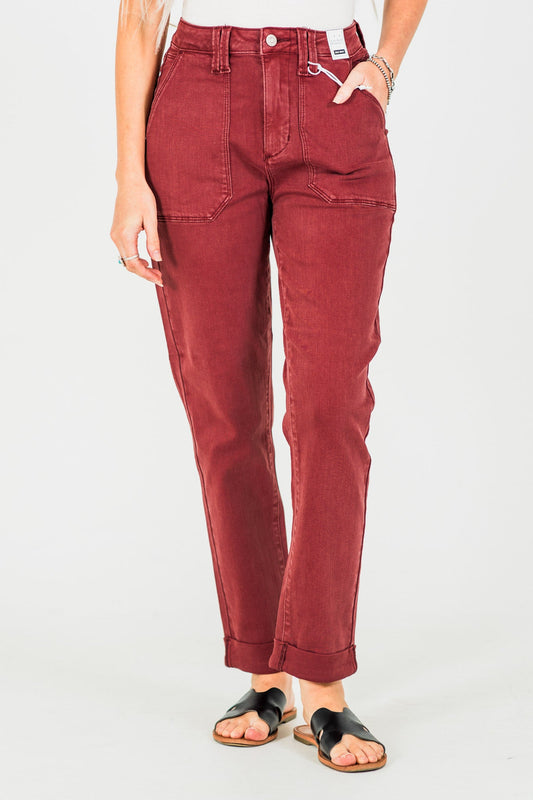 Judy Blue High Waist Sangria Cuffed Aurora Jogger Jeans - Whiskey Skies - JUDY BLUE