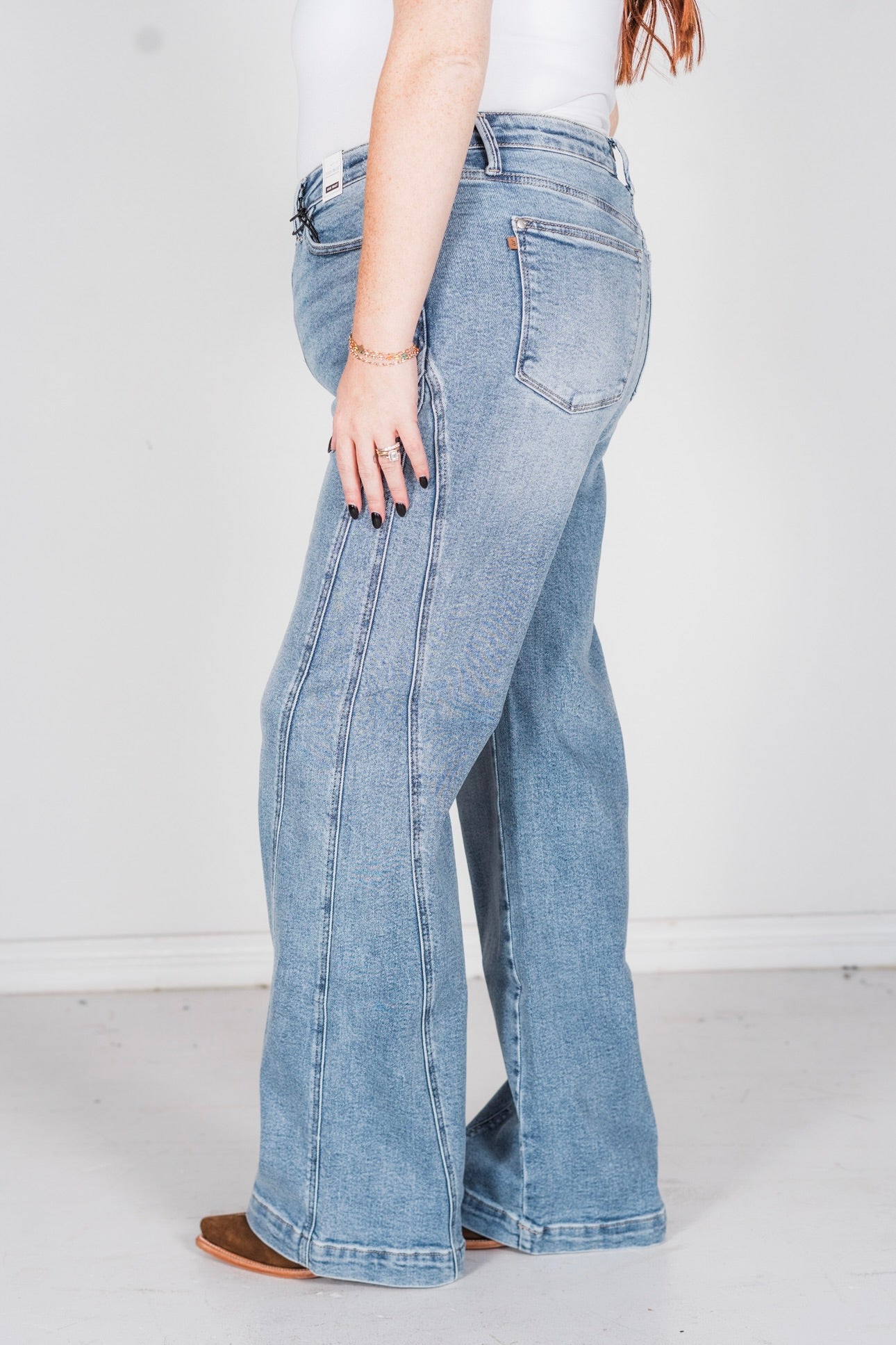 Judy Blue High Waist Side Seam Insert Detail Retro Wide Leg Jeans - Whiskey Skies - JUDY BLUE