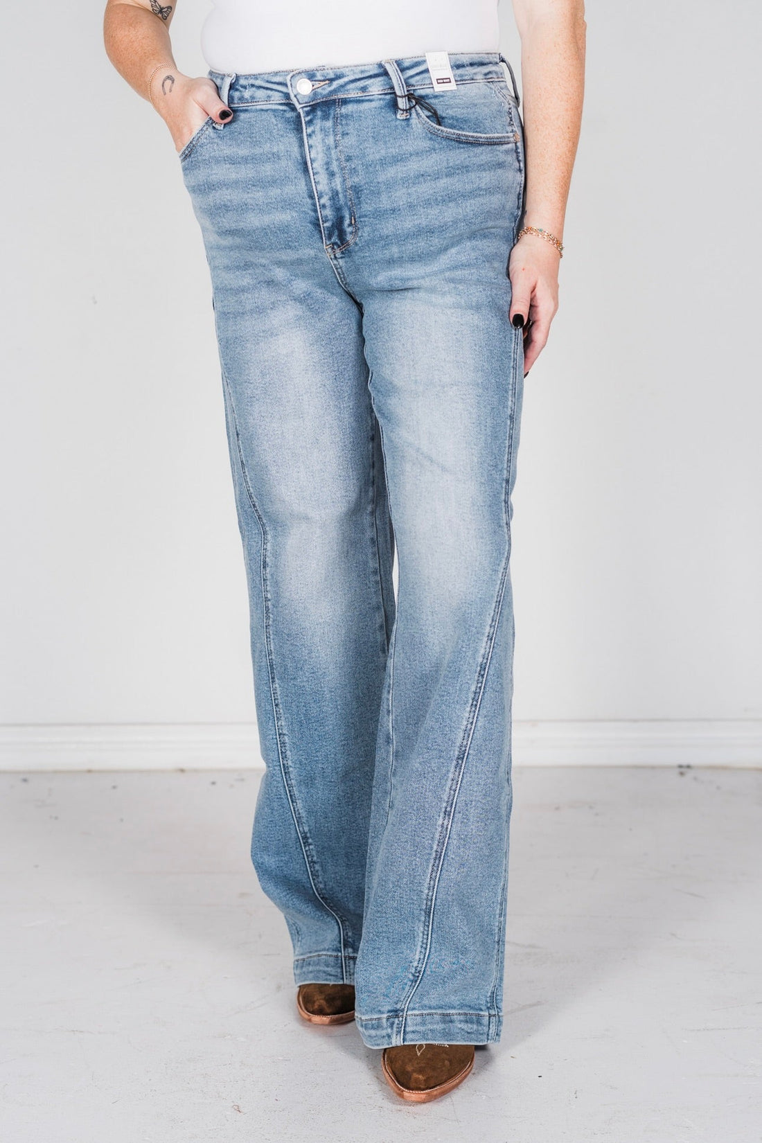 Judy Blue High Waist Side Seam Insert Detail Retro Wide Leg Jeans - Whiskey Skies - JUDY BLUE