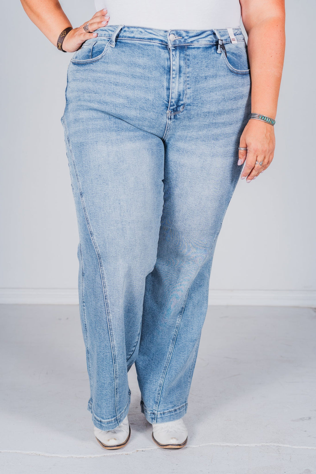 Judy Blue High Waist Side Seam Insert Detail Retro Wide Leg Jeans - Whiskey Skies - JUDY BLUE