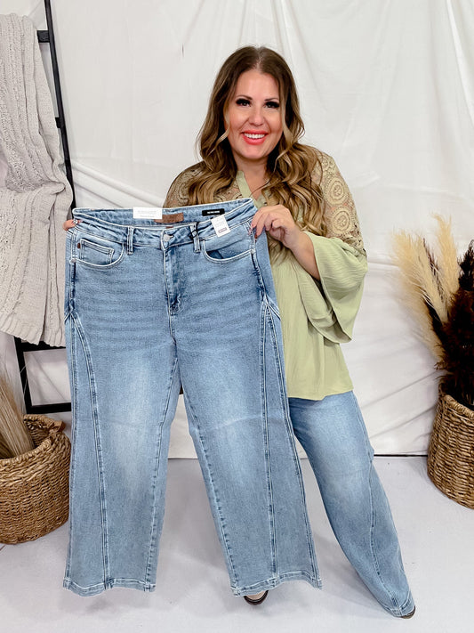 Judy Blue High Waist Side Seam Insert Detail Retro Wide Leg Jeans - Whiskey Skies - JUDY BLUE