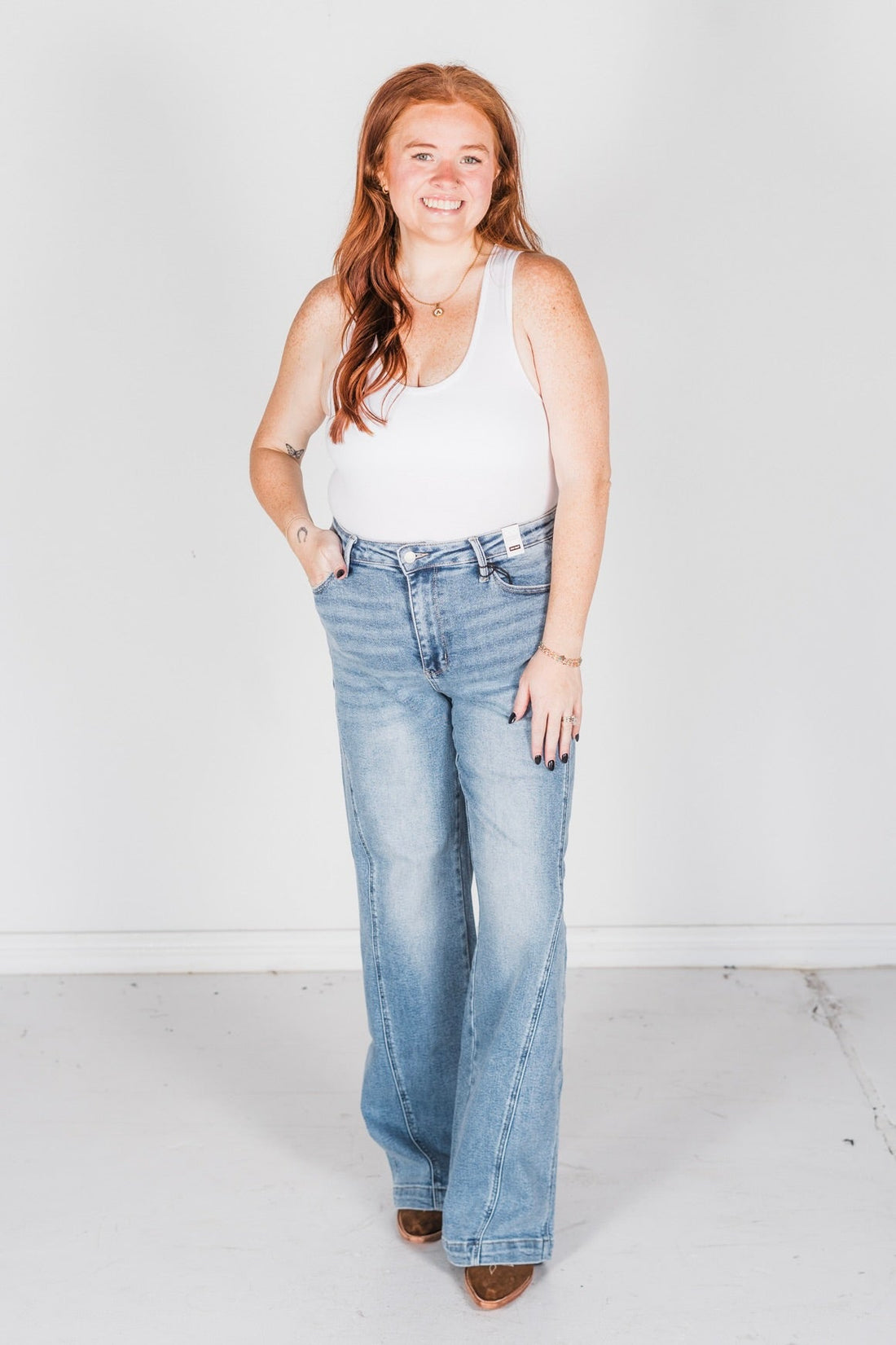 Judy Blue High Waist Side Seam Insert Detail Retro Wide Leg Jeans - Whiskey Skies - JUDY BLUE