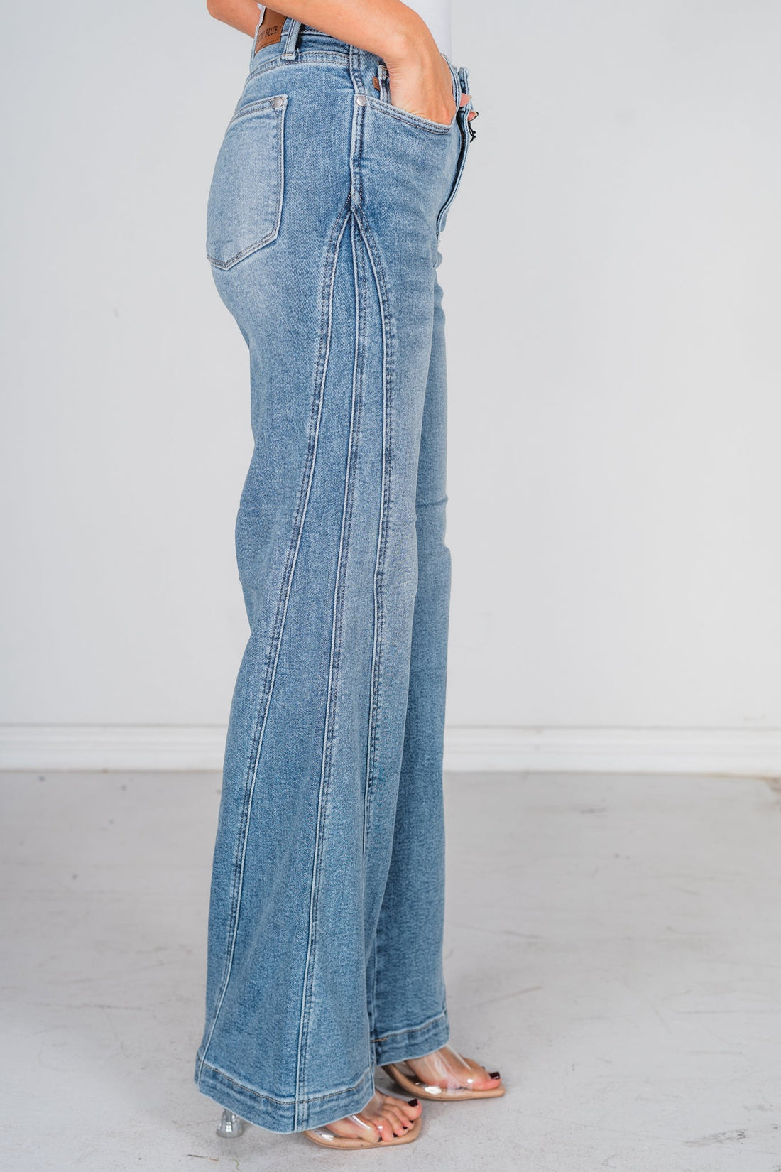 Judy Blue High Waist Side Seam Insert Detail Retro Wide Leg Jeans - Whiskey Skies - JUDY BLUE