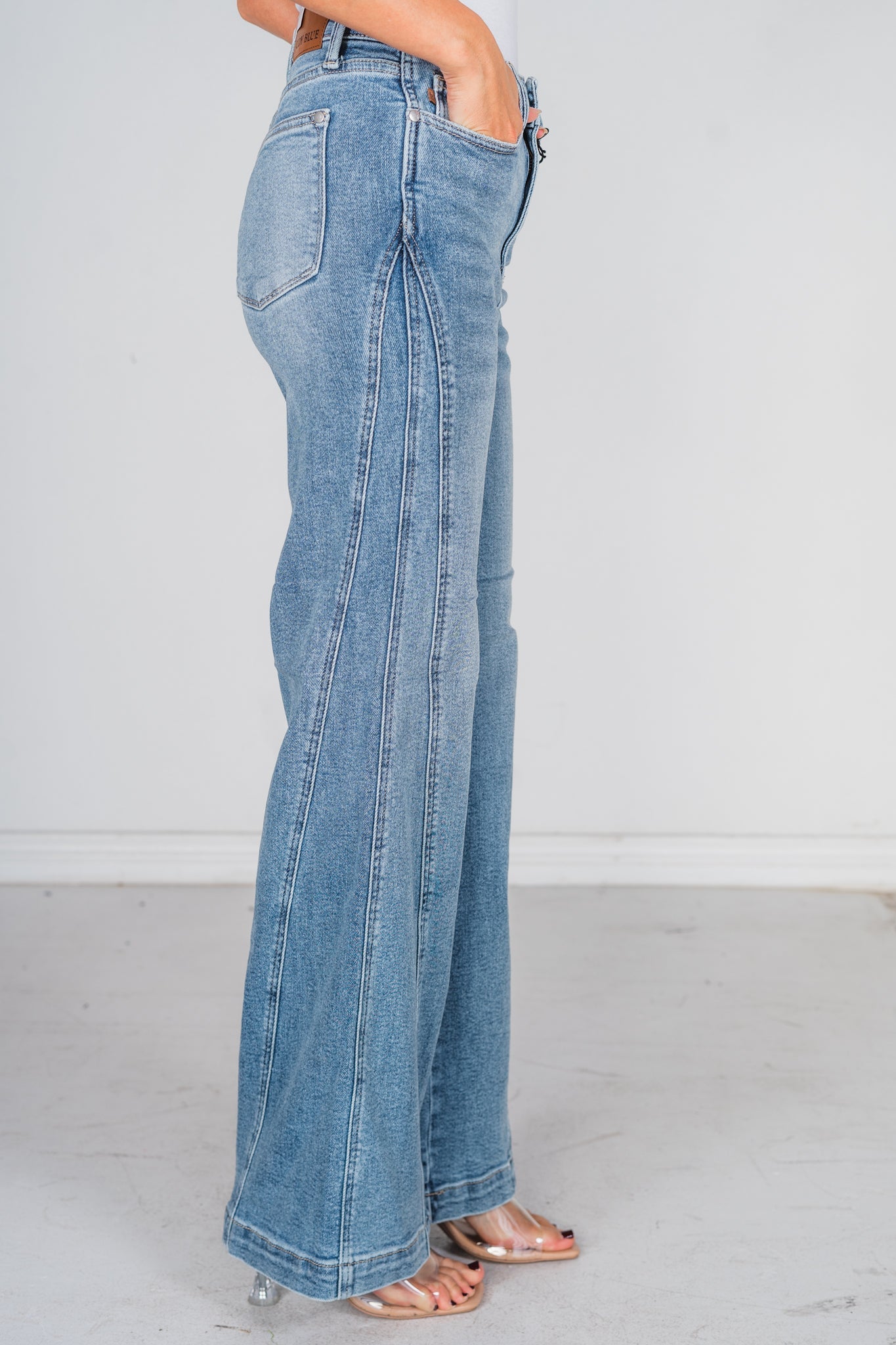 Judy Blue High Waist Side Seam Insert Detail Retro Wide Leg Jeans - Whiskey Skies - JUDY BLUE