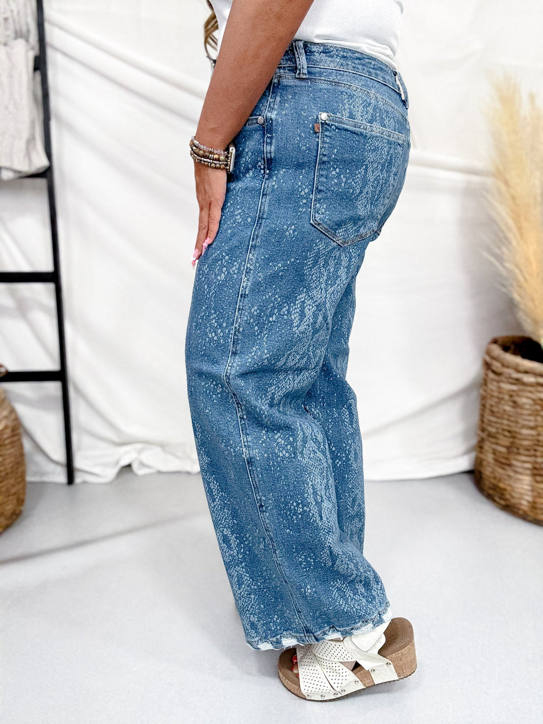 Judy Blue High Waist Snakeskin Print Wide Leg Ankle Jeans - Whiskey Skies - JUDY BLUE