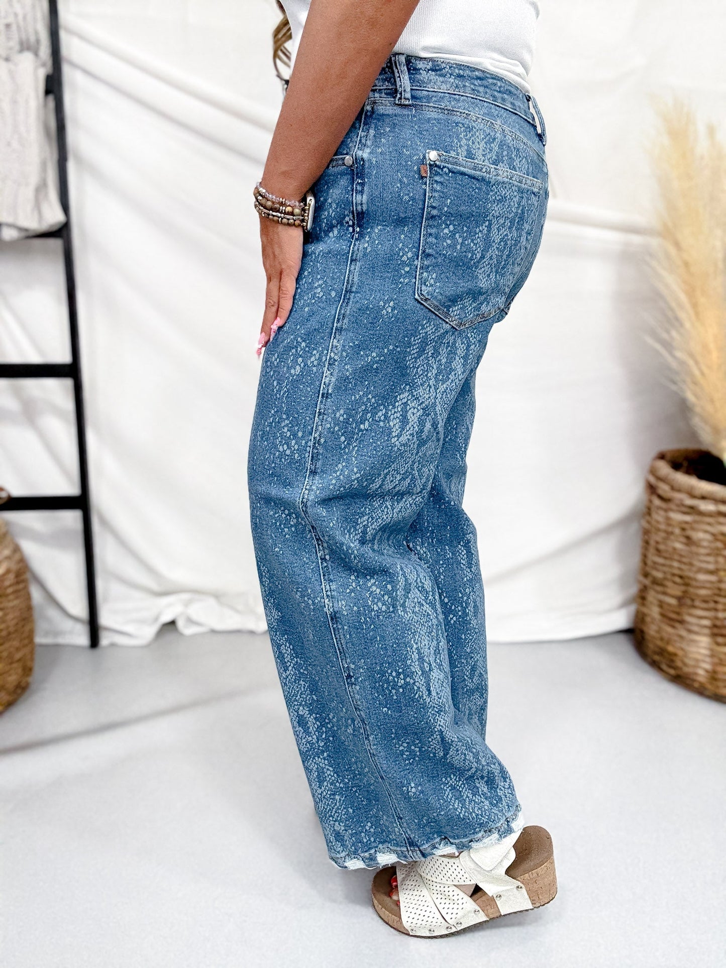 Judy Blue High Waist Snakeskin Print Wide Leg Ankle Jeans - Whiskey Skies - JUDY BLUE