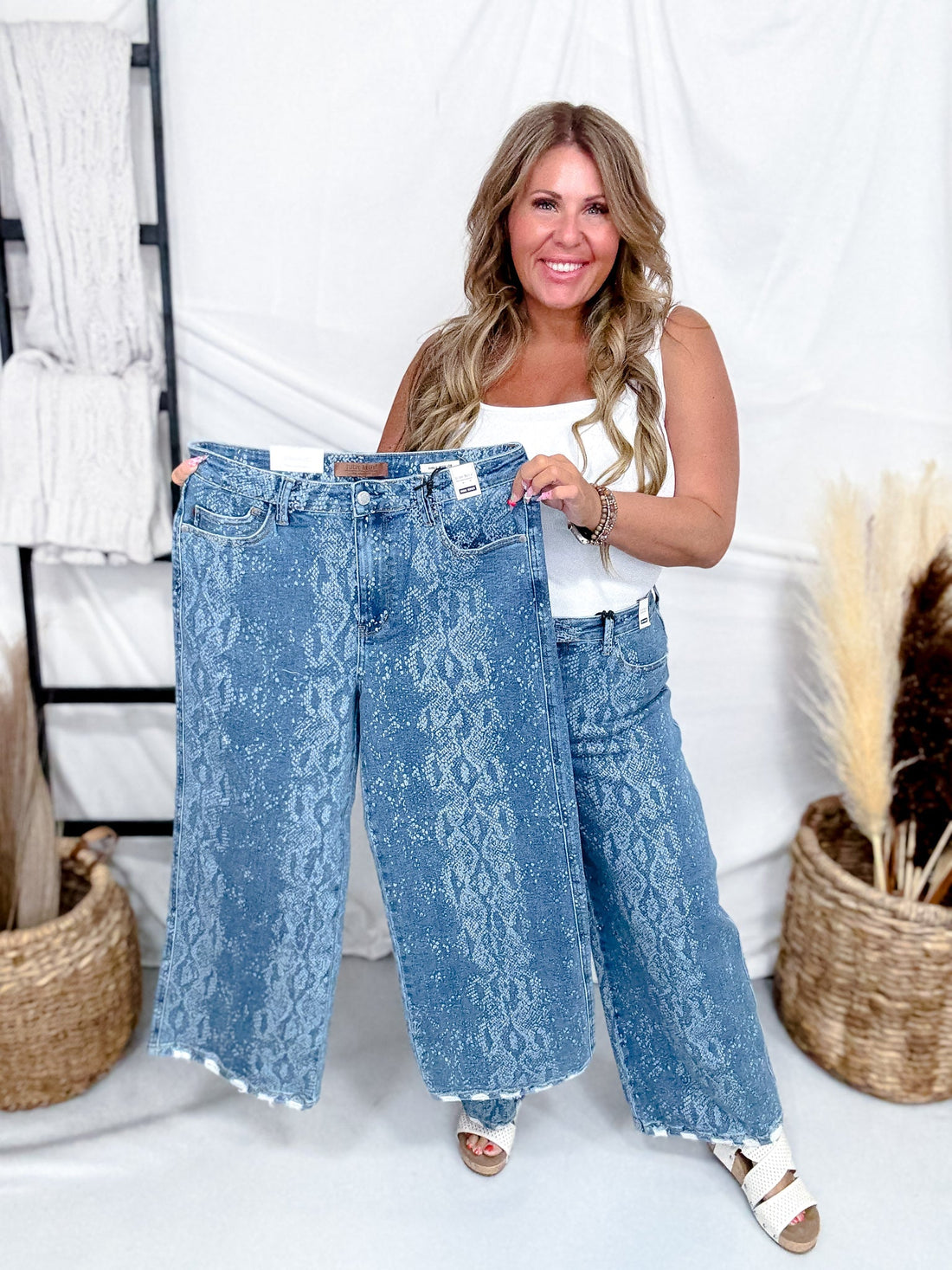 Judy Blue High Waist Snakeskin Print Wide Leg Ankle Jeans - Whiskey Skies - JUDY BLUE