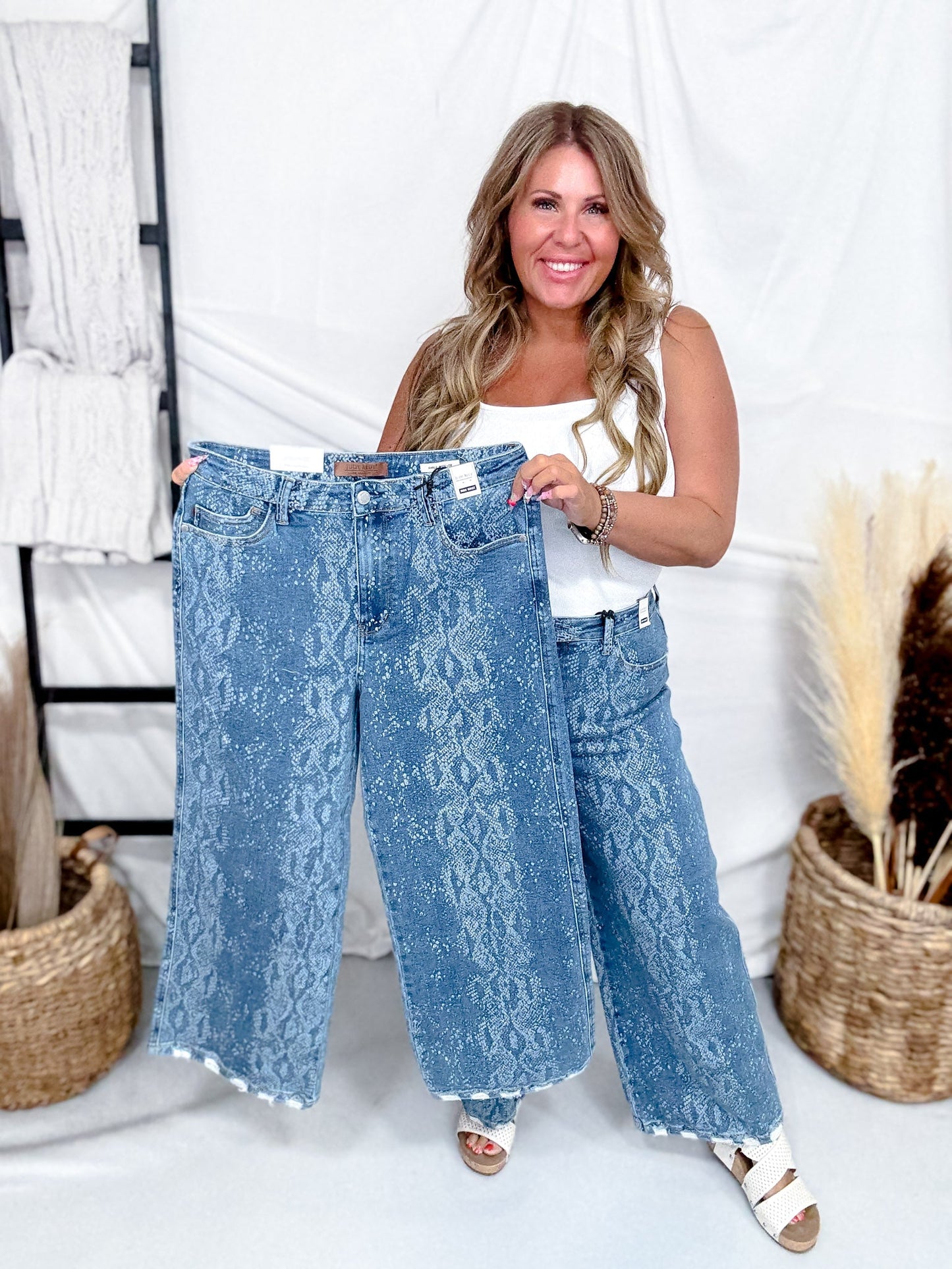 Judy Blue High Waist Snakeskin Print Wide Leg Ankle Jeans - Whiskey Skies - JUDY BLUE