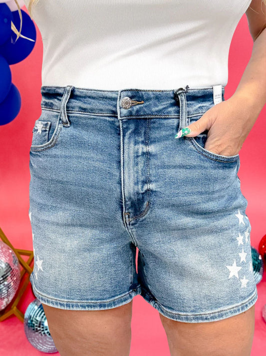 Judy Blue High - Waist Star Splatter Denim Slim Shorts - Whiskey Skies - JUDY BLUE