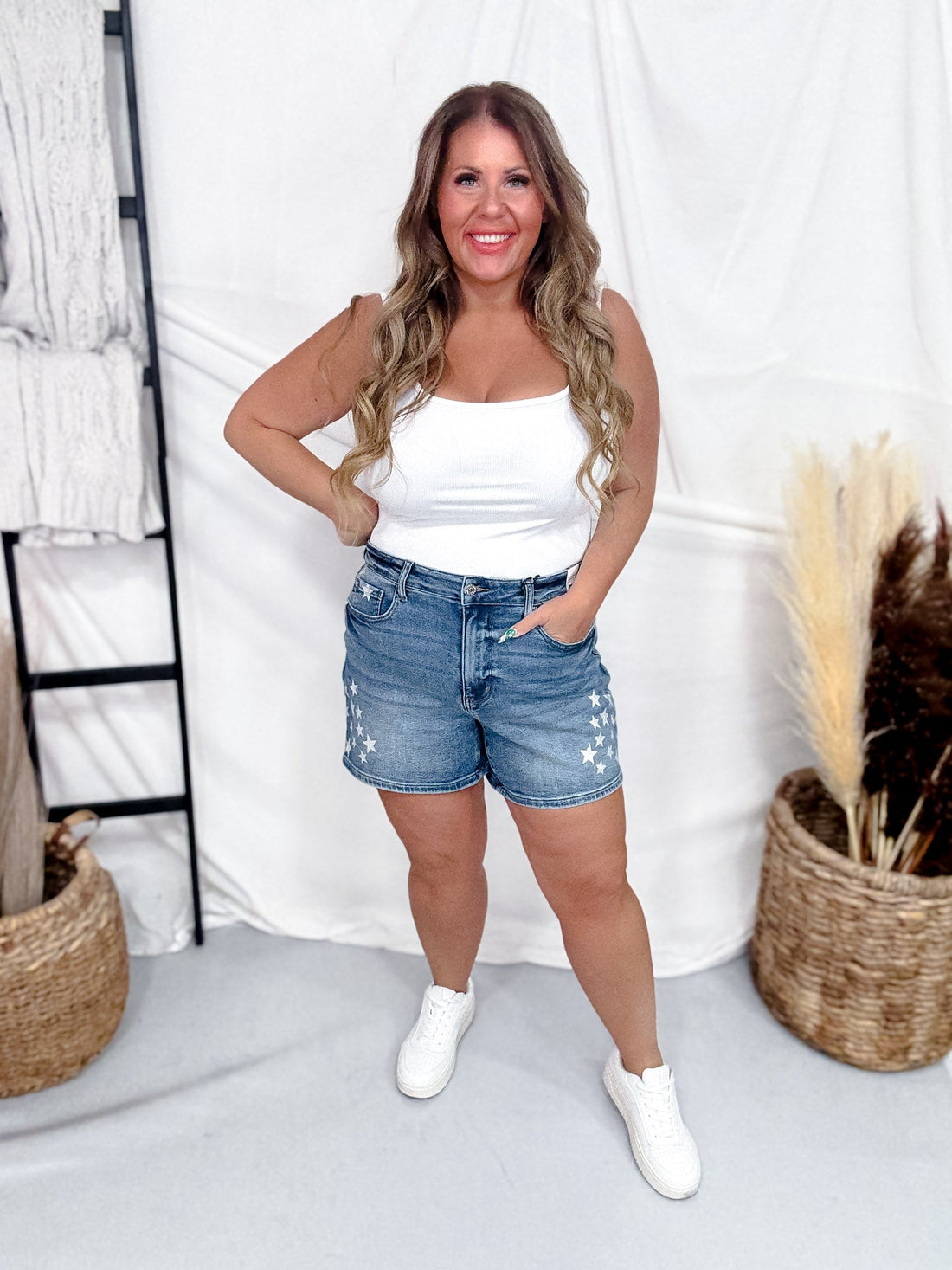 Judy Blue High - Waist Star Splatter Denim Slim Shorts - Whiskey Skies - JUDY BLUE