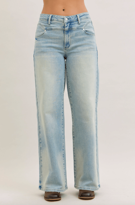 Judy Blue High Waist Straight Jeans With Stitched Waist - Whiskey Skies - JUDY BLUE