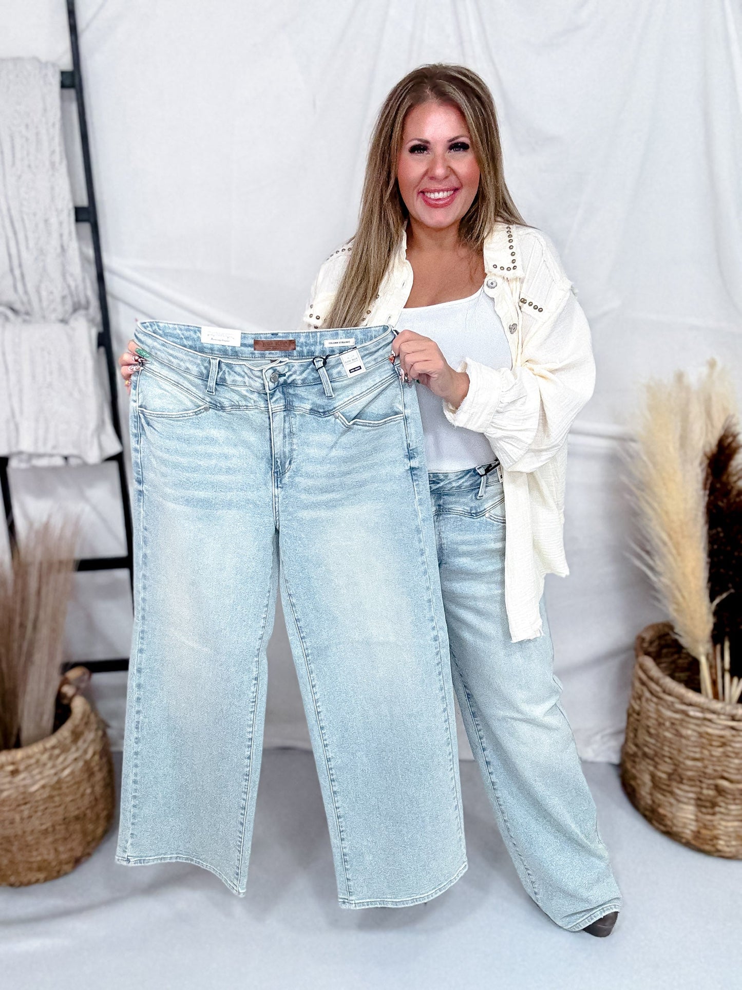 Judy Blue High Waist Straight Jeans With Stitched Waist - Whiskey Skies - JUDY BLUE