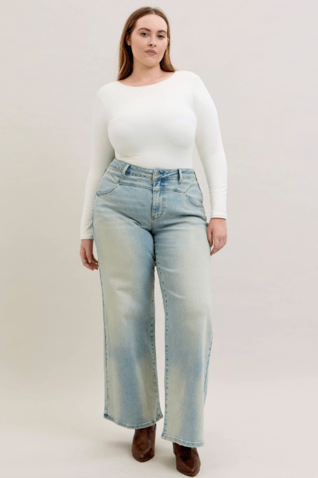 Judy Blue High Waist Straight Jeans With Stitched Waist - Whiskey Skies - JUDY BLUE