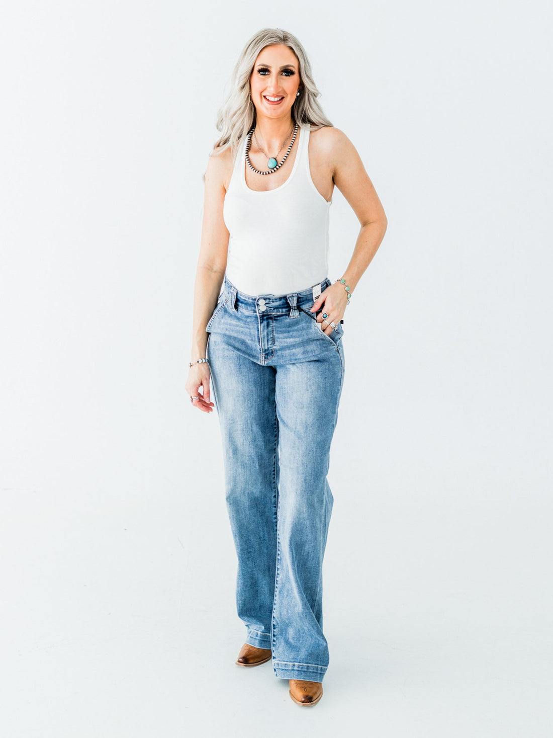 Judy Blue High Waist Trouser Wide Leg Jeans - Whiskey Skies - JUDY BLUE
