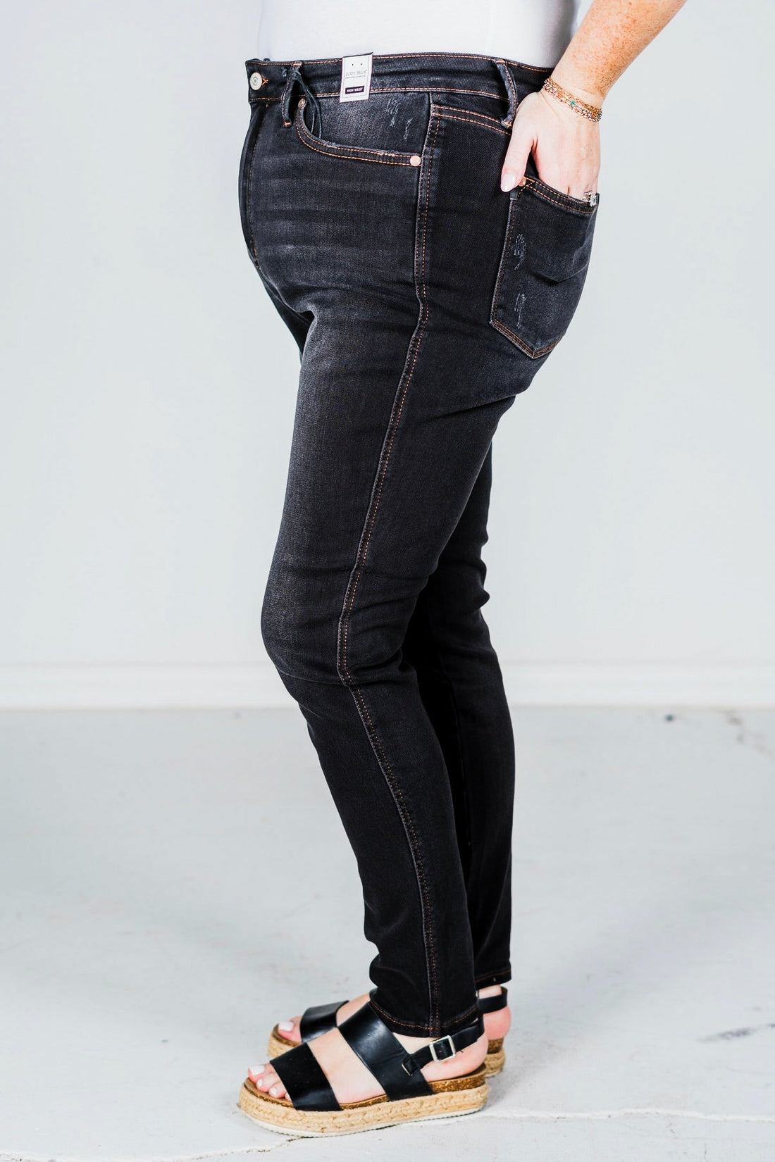 Judy Blue High Waist Tummy Control Black Wash & Contrast Thread Skinny Jeans - Whiskey Skies - JUDY BLUE