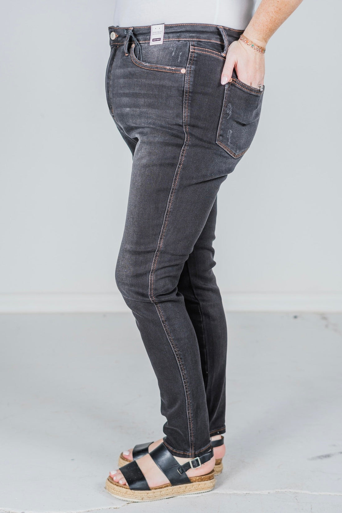 Judy Blue High Waist Tummy Control Black Wash & Contrast Thread Skinny Jeans - Whiskey Skies - JUDY BLUE