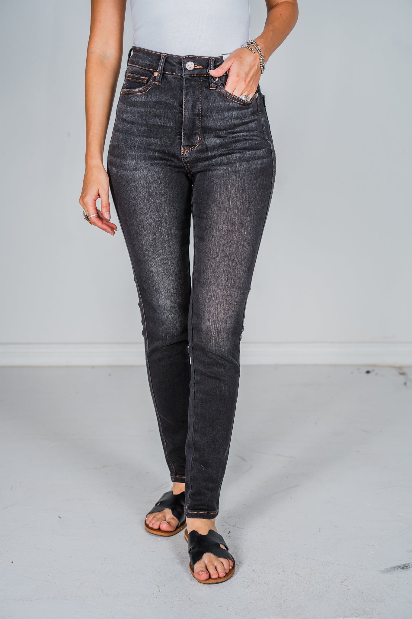 Judy Blue High Waist Tummy Control Black Wash & Contrast Thread Skinny Jeans - Whiskey Skies - JUDY BLUE