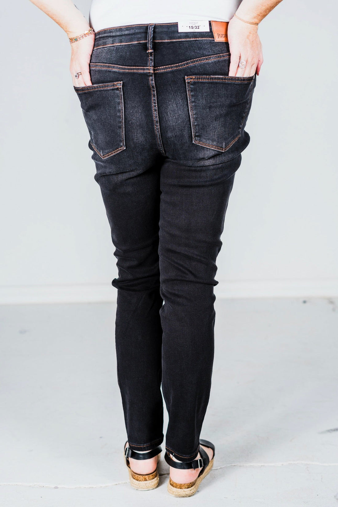 Judy Blue High Waist Tummy Control Black Wash & Contrast Thread Skinny Jeans - Whiskey Skies - JUDY BLUE