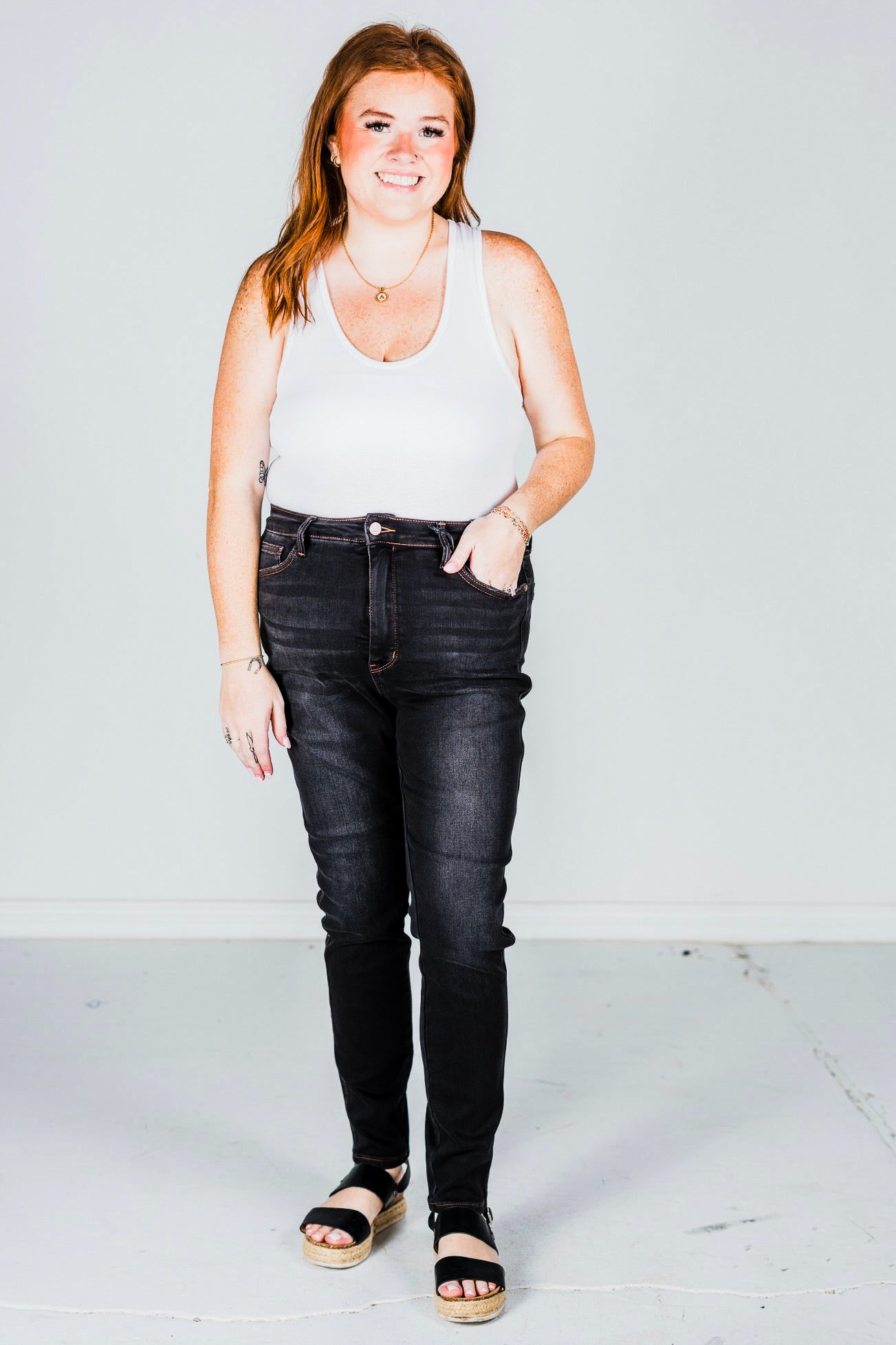 Judy Blue High Waist Tummy Control Black Wash & Contrast Thread Skinny Jeans - Whiskey Skies - JUDY BLUE