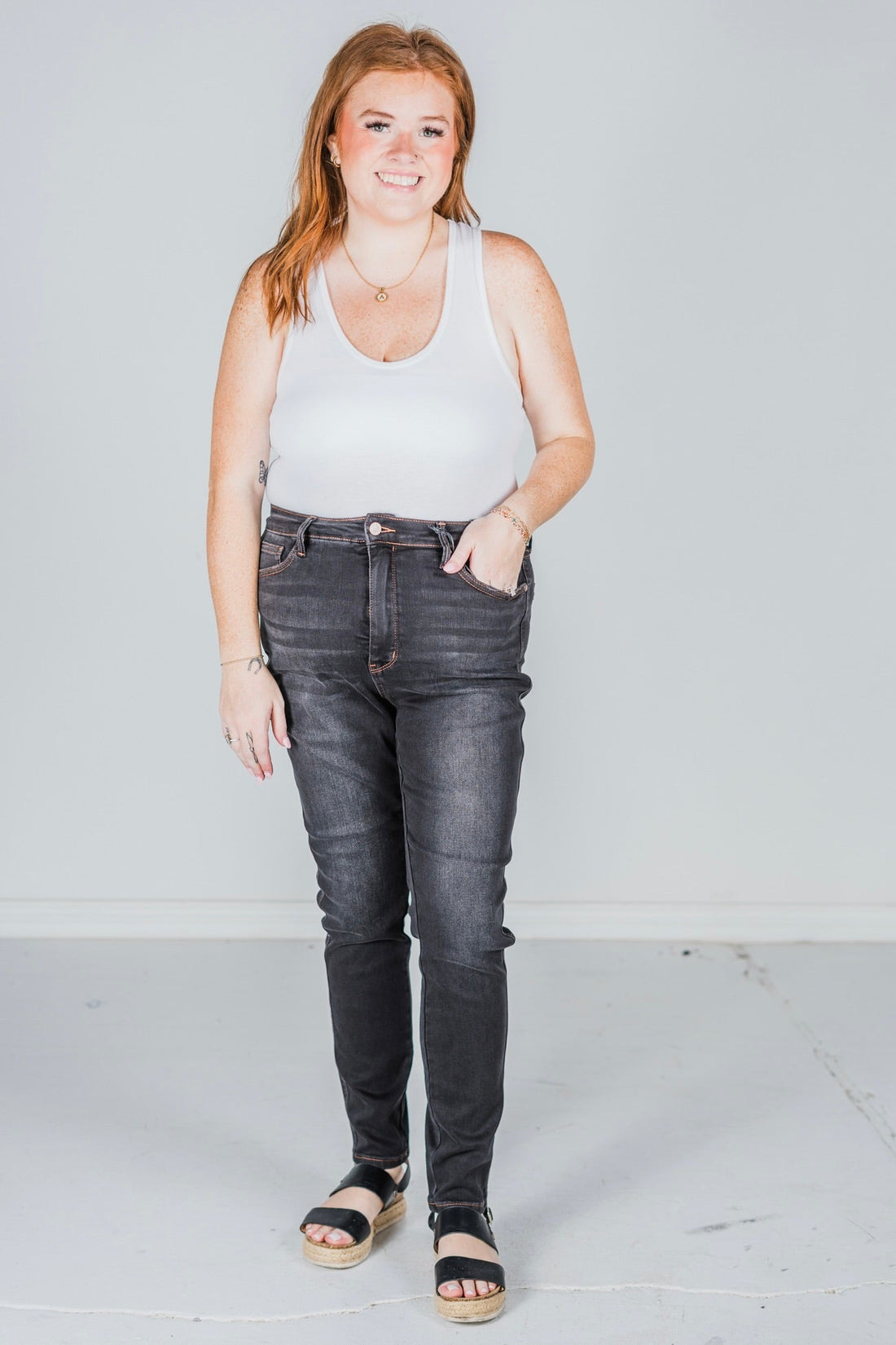 Judy Blue High Waist Tummy Control Black Wash & Contrast Thread Skinny Jeans - Whiskey Skies - JUDY BLUE