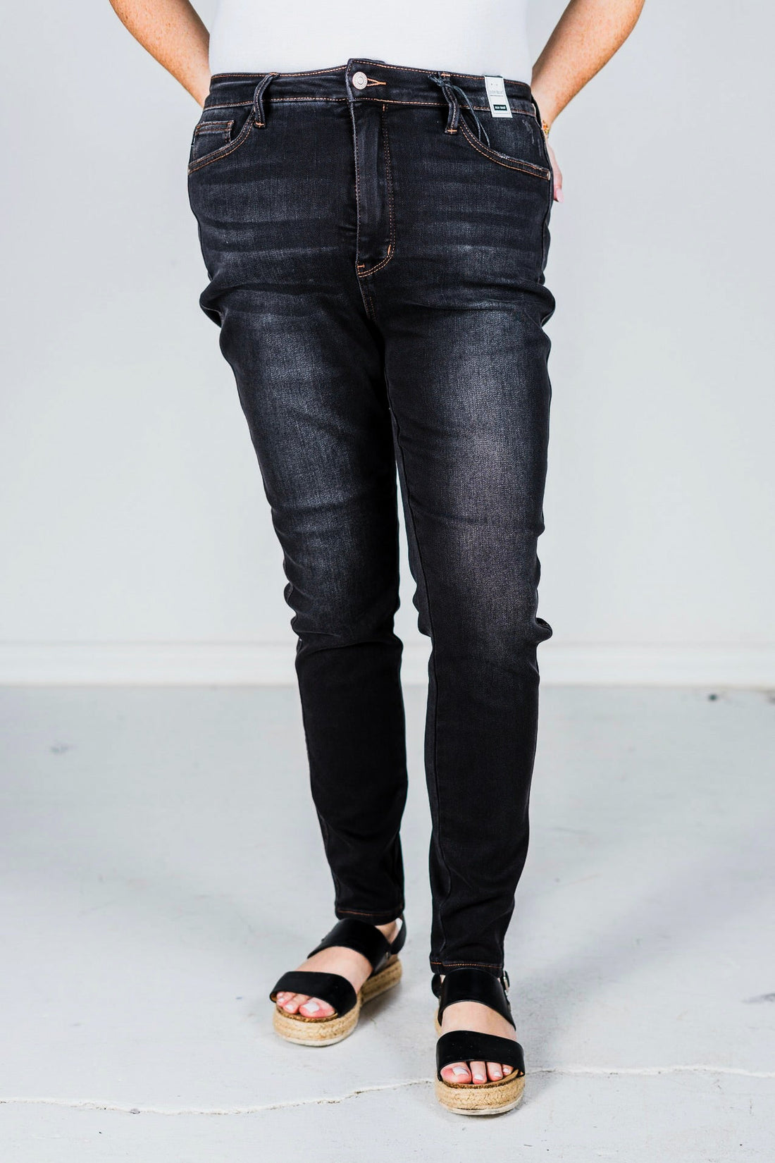 Judy Blue High Waist Tummy Control Black Wash & Contrast Thread Skinny Jeans - Whiskey Skies - JUDY BLUE