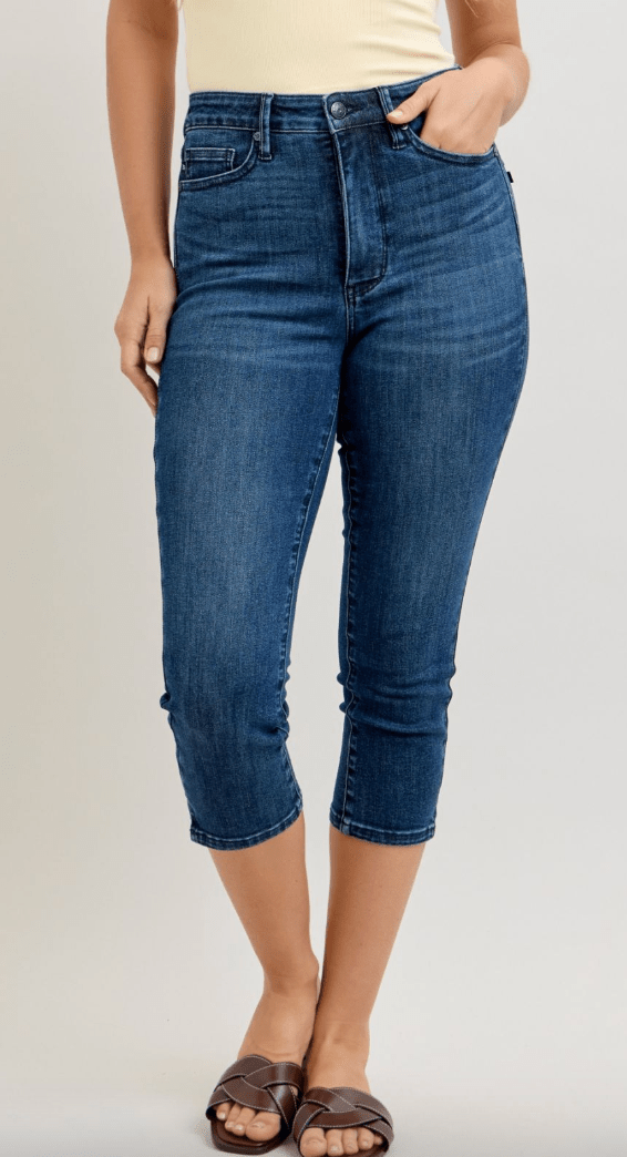 Judy Blue High Waist Tummy Control Capris W/ Shield Pockets - Whiskey Skies - JUDY BLUE