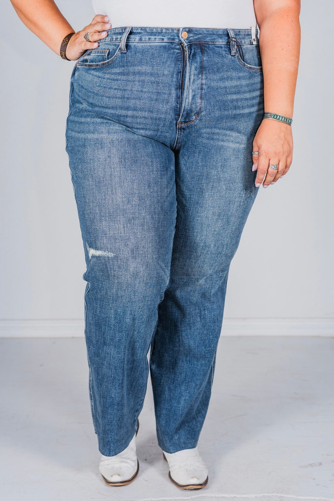 Judy Blue High Waist Tummy Control Cut Raw Hem Straight Jeans - Whiskey Skies - JUDY BLUE