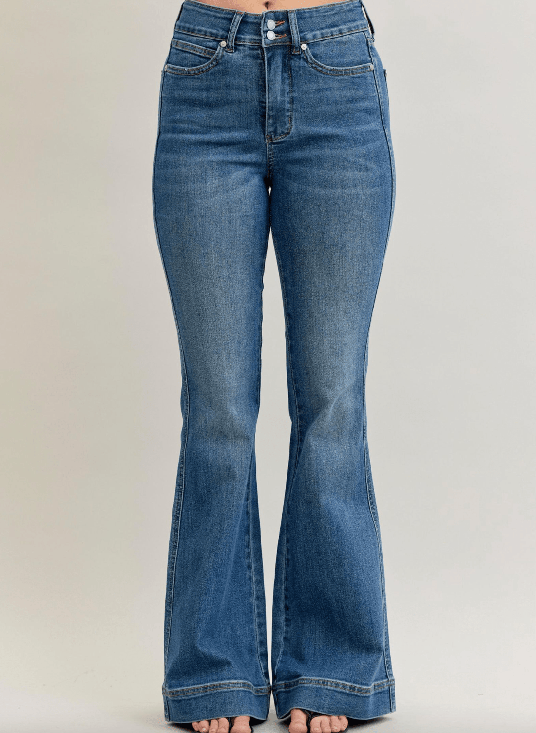 Judy Blue High - Waist Tummy Control Flare Double Button Jeans - Whiskey Skies - JUDY BLUE