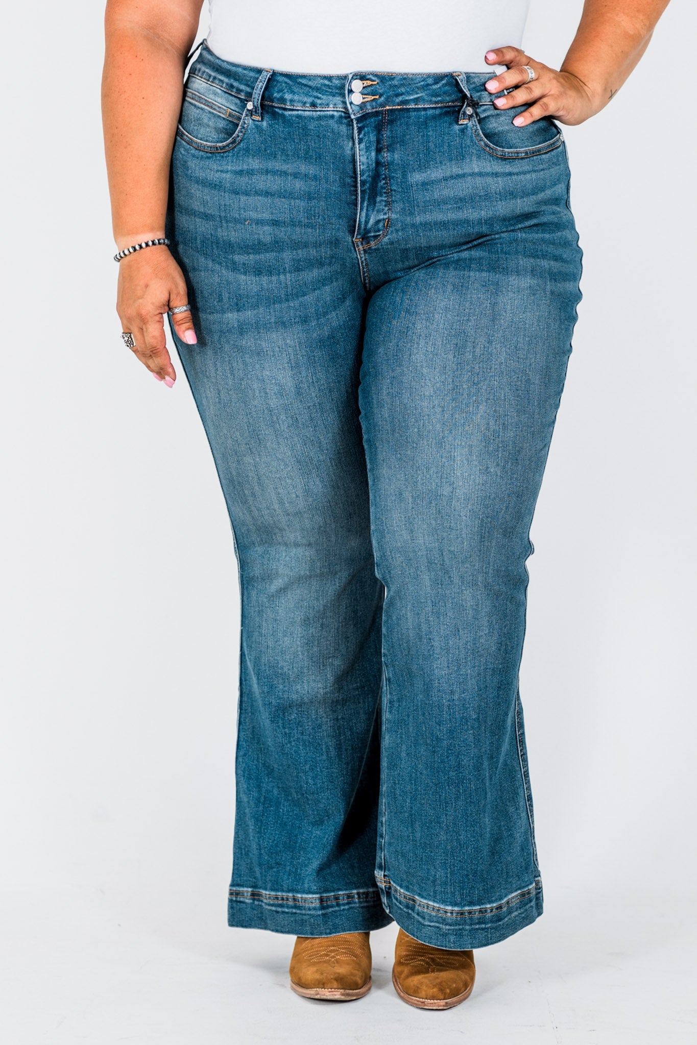 Judy Blue High - Waist Tummy Control Flare Double Button Jeans - Whiskey Skies - JUDY BLUE