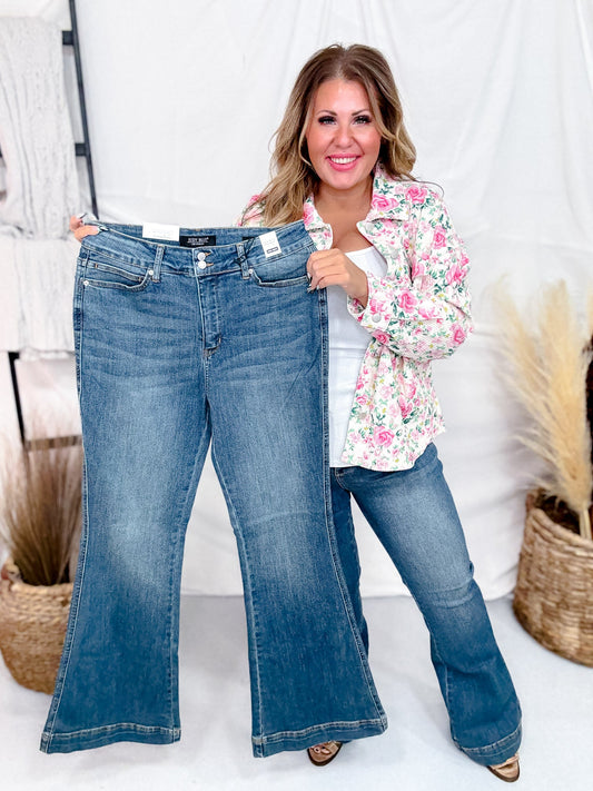 Judy Blue High - Waist Tummy Control Flare Double Button Jeans - Whiskey Skies - JUDY BLUE