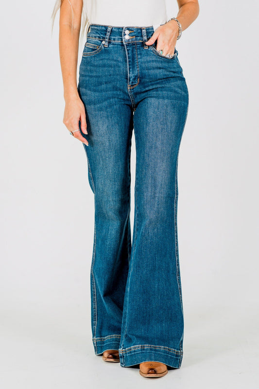 Judy Blue High - Waist Tummy Control Flare Double Button Jeans - Whiskey Skies - JUDY BLUE