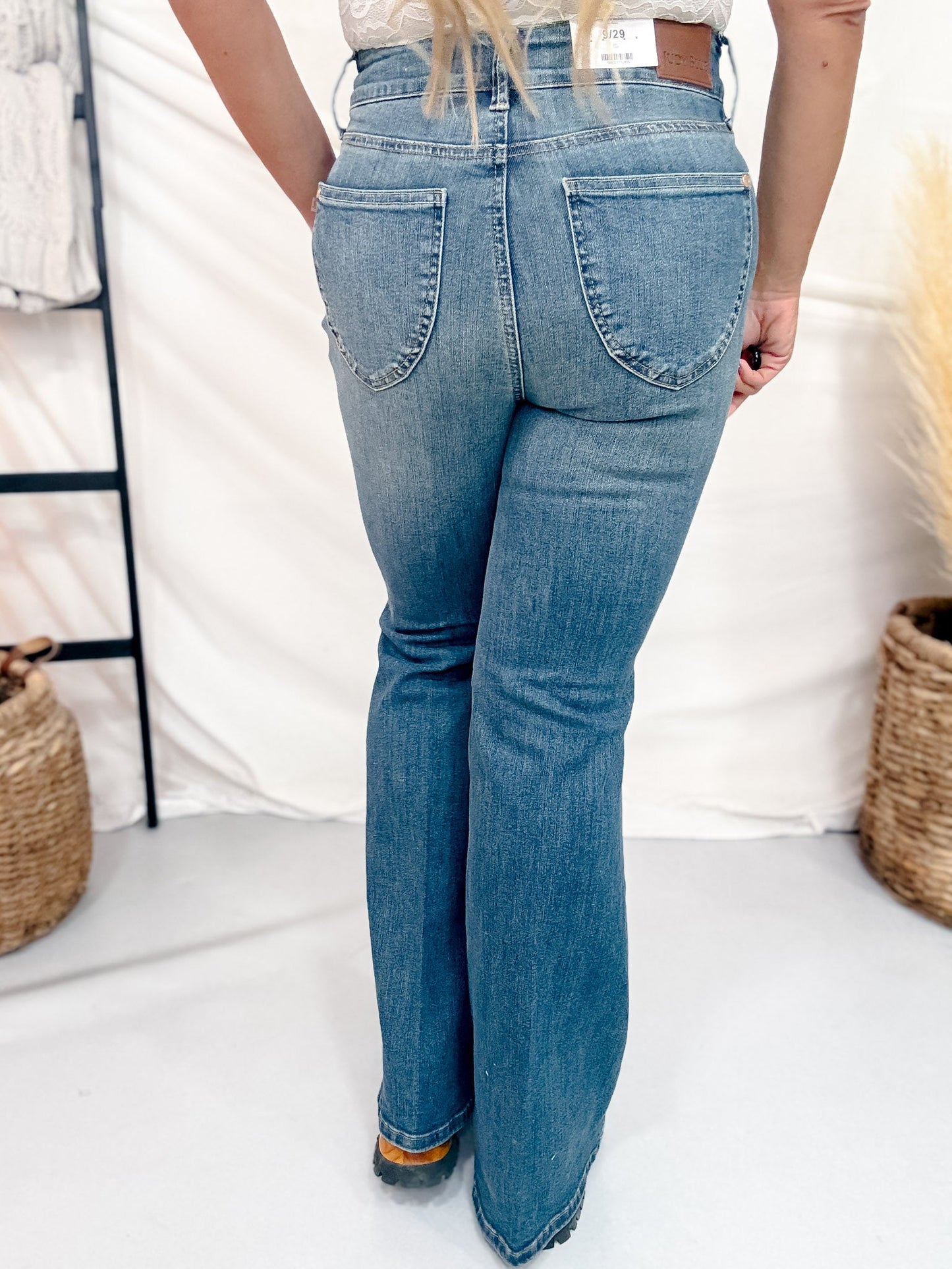 Judy Blue High Waist Tummy Control Flare Jeans W/ Shield Pockets - Whiskey Skies - JUDY BLUE