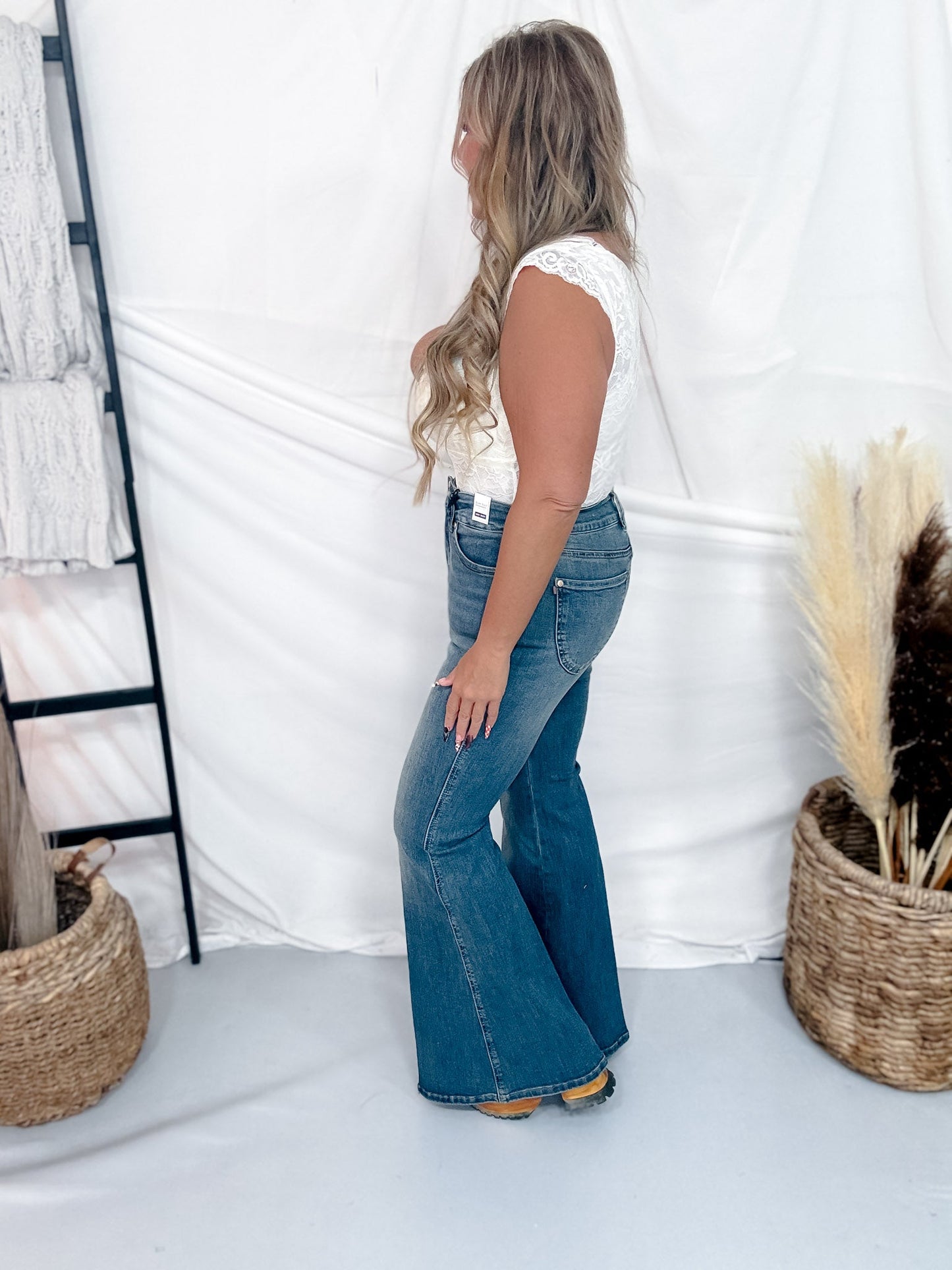 Judy Blue High Waist Tummy Control Flare Jeans W/ Shield Pockets - Whiskey Skies - JUDY BLUE