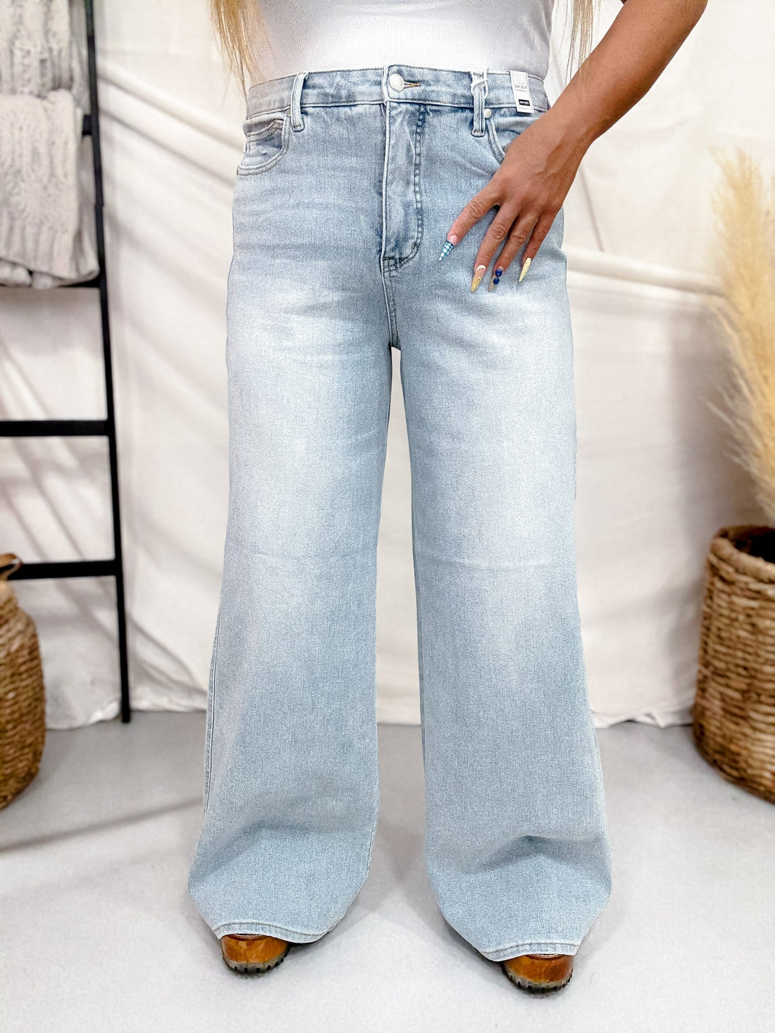 Judy Blue High Waist Tummy Control Light Wash Retro Wide Leg Jeans - Whiskey Skies - JUDY BLUE