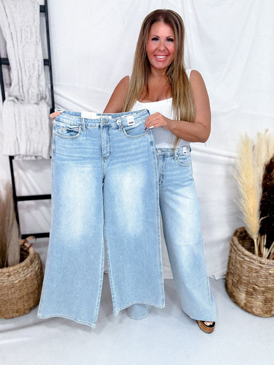 Judy Blue High Waist Tummy Control Light Wash Retro Wide Leg Jeans - Whiskey Skies - JUDY BLUE