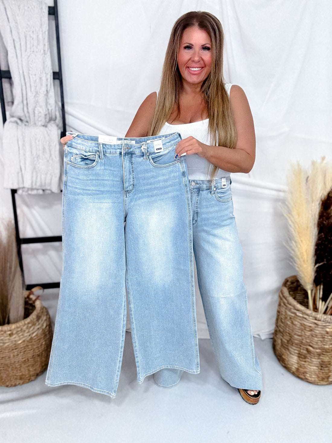 Judy Blue High Waist Tummy Control Light Wash Retro Wide Leg Jeans - Whiskey Skies - JUDY BLUE