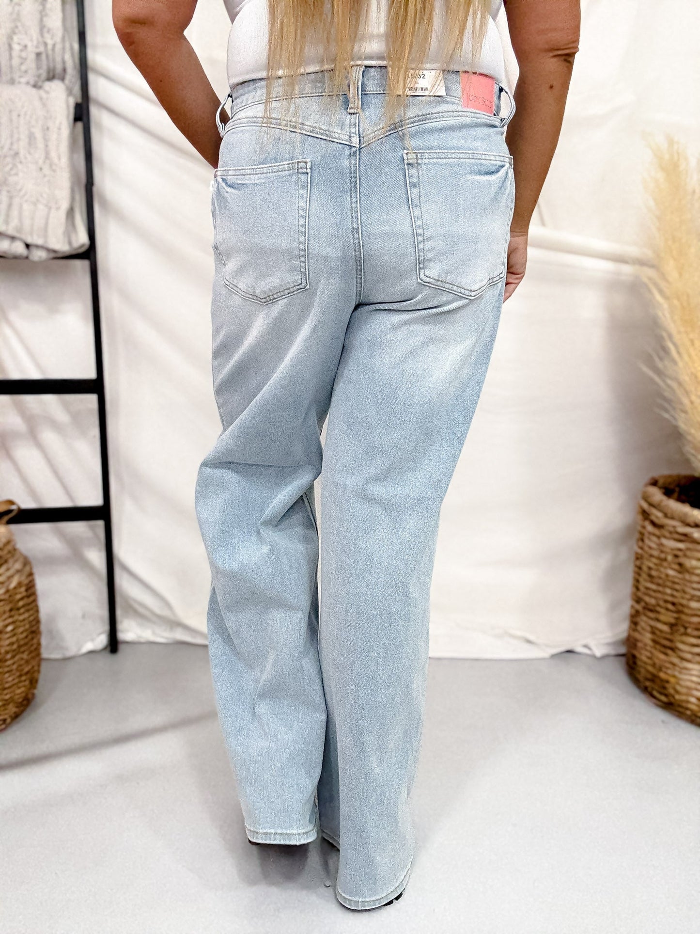 Judy Blue High Waist Tummy Control Light Wash Retro Wide Leg Jeans - Whiskey Skies - JUDY BLUE