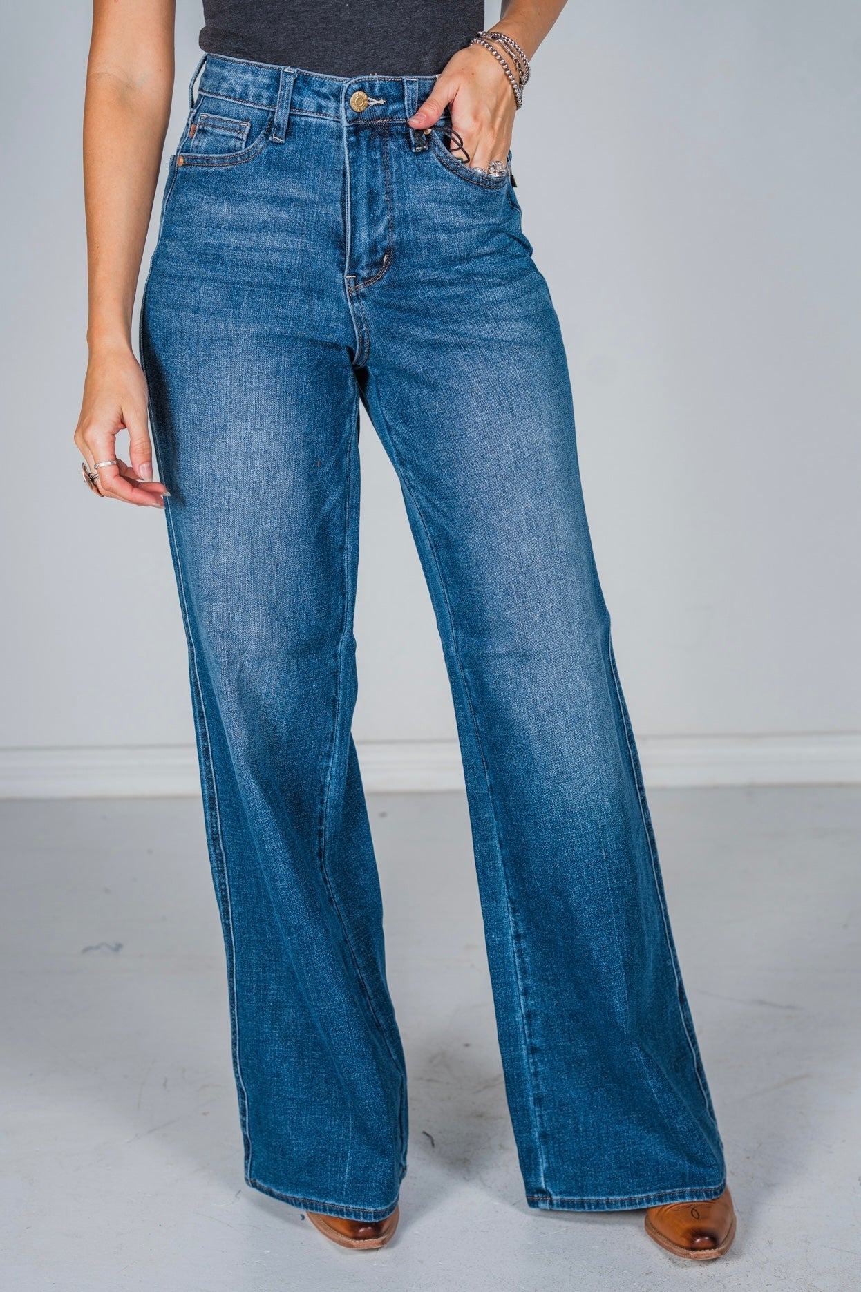 Judy Blue High Waist Tummy Control Retro Wide Leg Jeans - Whiskey Skies - JUDY BLUE